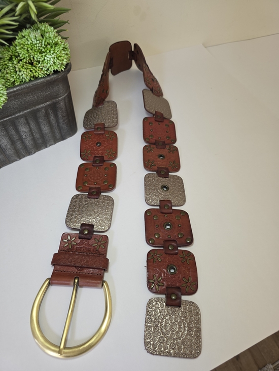 Fossil Accessories - Vintage Fossil Genuine Leather Wide Patchwork Embellished Belt Brass Buckle
